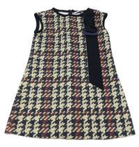 Tmavomodro-béžovo-vínové vzorované šaty s mašlí 