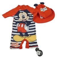 Nové - 2 set - červeno-modrý pruhovaný UV overal s Mickeym + UV kšiltovka Primark