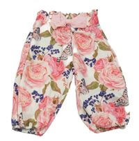 Bílo-růžové květované lehké kalhoty s mašlí 