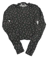 Tmavohnědo-barevné květované žebrované crop triko H&M