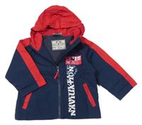 Tmavomodro-červená šusťáková podzimní bunda s nápisem a kapucí Topolino