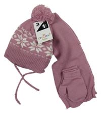 Nové - 3 set - růžovo-bílá vzorovaná pletená čepice s bambulí + palcové rukavice + šála 