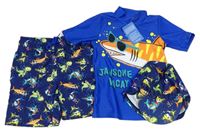 3set - Tmavomodré plážové kraťasy se dinosaury a žraloky + safírové UV tričko + tmavomodrá UV kšiltovka zn. Studio