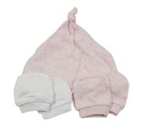 3set - Růžová melírovaná čepice + růžové rukavice + bílo-růžové puntíkaté rukavice