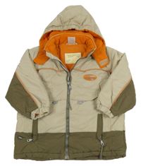 Béžovo-khaki-oranžová šusťáková zateplená bunda s kapucí  