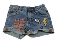 Modré riflové kraťasy s nápisy a obrázky Manor 