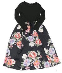 Černé žebrované šaty s květovanou sukní Shein