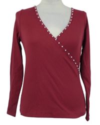 Dámské vínové žebrované triko s perličkami 