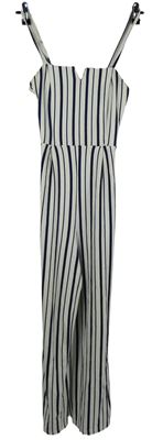 Dámský bílo-tmavomodrý pruhovaný kalhotový culottes overal Bershka 