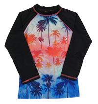 Růžovo-modro-černé UV triko s palmami 