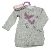 Nové- 2set- šedé pletené šaty s motýlky+ růžové punčocháče Primark