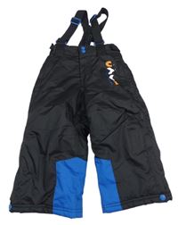 Černo-modré šusťákové oteplovačky a kšandami a potiskem Kiki&Koko