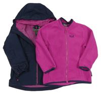 3v1 tmavomodrá šusťáková jarní funkční bunda s kapucí+ rubínová fleecová propínací mikina Jack Wolfskin