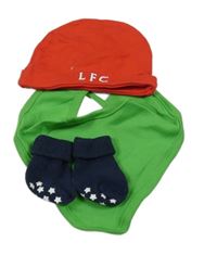 3set- červená čepice s písmeny+ zelený slinták+ tmavomodré ponožky