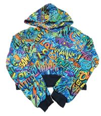 Modro-barevná lehká crop mikina s nápisy a kapucí 