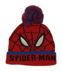 Červená pletená vzorovaná čepice - Spiderman a bambulí