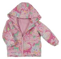 Světlerůžová květovaná šusťáková prošívaná zateplená bunda s kapucí 
