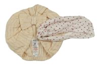 2 set - béžovo-zlatá pruhovaná turbanová čepice + puntíkatá čelenka 