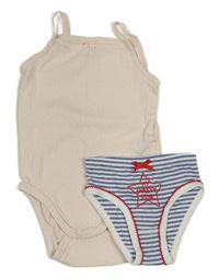 2set - Pudrové body s dirkovaným vzorem + modro-bílé pruhované kalhotky s nápisem 