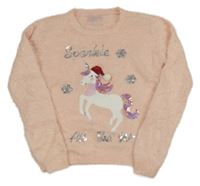 Broskvový chlupatý svetr s jednorožcem Primark