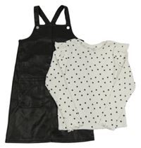 2Set - Černé koženkové šaty + bílé žebrované triko s hvězdičkami a volánky PRIMARK