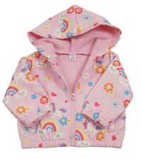 Světlerůžová softshellová bunda s jednorožci a duhami a kapucí SHEIN