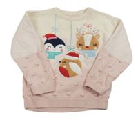 Smetanovo-světlerůžový vánoční svetr se zvířátky/ozdobičkami a 3D puntíky Mothercare