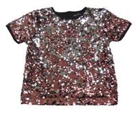 Černo-starorůžovo-stříbrné tylové flitrové slavnostní crop tričko PRIMARK