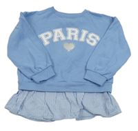 Modrá mikina s nápisem a srdíčkem a kamínky a všitou pruhovanou halenkou Matalan