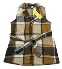 Nové - hnědo-černo-bílé kostkované flaušové propínací šaty s límečkem a páskem SHEIN