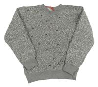 Šedo-bílý melírovaný svetr s perlami 