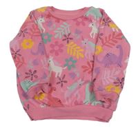 Růžová oversize mikina s jednorožci a dinosaury a květy a lístečky F&F