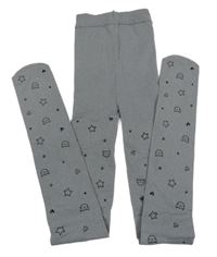 Šedé melírované punčocháče s kočičkami a hvězdičkami a srdíčky