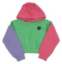 Zeleno-fialovo-tmavorůžová crop mikina se smajlíkem a kapucí PEP&CO