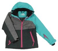 Tmavošedo-šedo-jadeitová šusťáková funkční zateplená lyžařská bunda se vzorem a kapucí crane