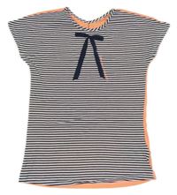 Bílo-tmavomodro-neonově oranžové pruhované tričko s mašlí NONO