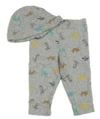 2Set - Šedé melírované tepláky s dinosaury + čepice 