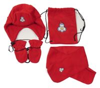 4Set - Červená fleecová čepice s tučňáčkem + šála + rukavice šňůrkou + sáček 