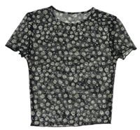 Černé květované šifonové crop tričko 