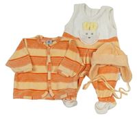 3set - Bílo-meruňkovo-červené pruhované sametové dupačky s králíkem + pruhovanýpropínací kabátek + čepice