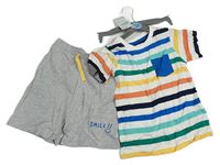 2set - Bílo-barevné pruhované tričko s kapsou + šedé melírované teplákové kraťasy s nápisem Primark