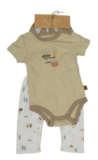 Nové - 3set - Béžové body se zeleninou + bílé lehké tepláky + bavlněná čepice Lila&Jack