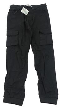 Nové - Černé plátěné slim cargo cuff kalhoty s úpletovým pasem Denim Co.