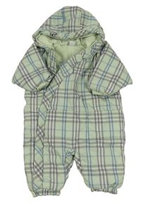 Zelenkavo-šedo-bílá kostkovaná šusťáková zateplená kombinéza s kapucí Kanz