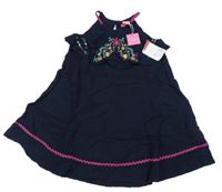 Nové - Tmavomodré lněné šaty s výšivkami květů