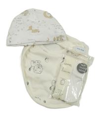 4set - Bílá žebrovaná čepice se zvířaty + smetanový slinták s lvíčky + 2x bílé rukavičky