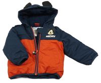 Tmavomodro-červená šusťáková zateplená bunda s Mickeym a kapucí Disney