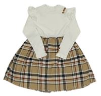 Bílo-hnědo-černé šaty s kostkovanou sukní a knoflíky