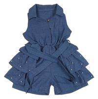 Modrý melírovaný kraťasový overal s perlami a páskem