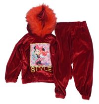2set - Červená sametová mikina s Minnie a kapucí s kožešinou + tepláky